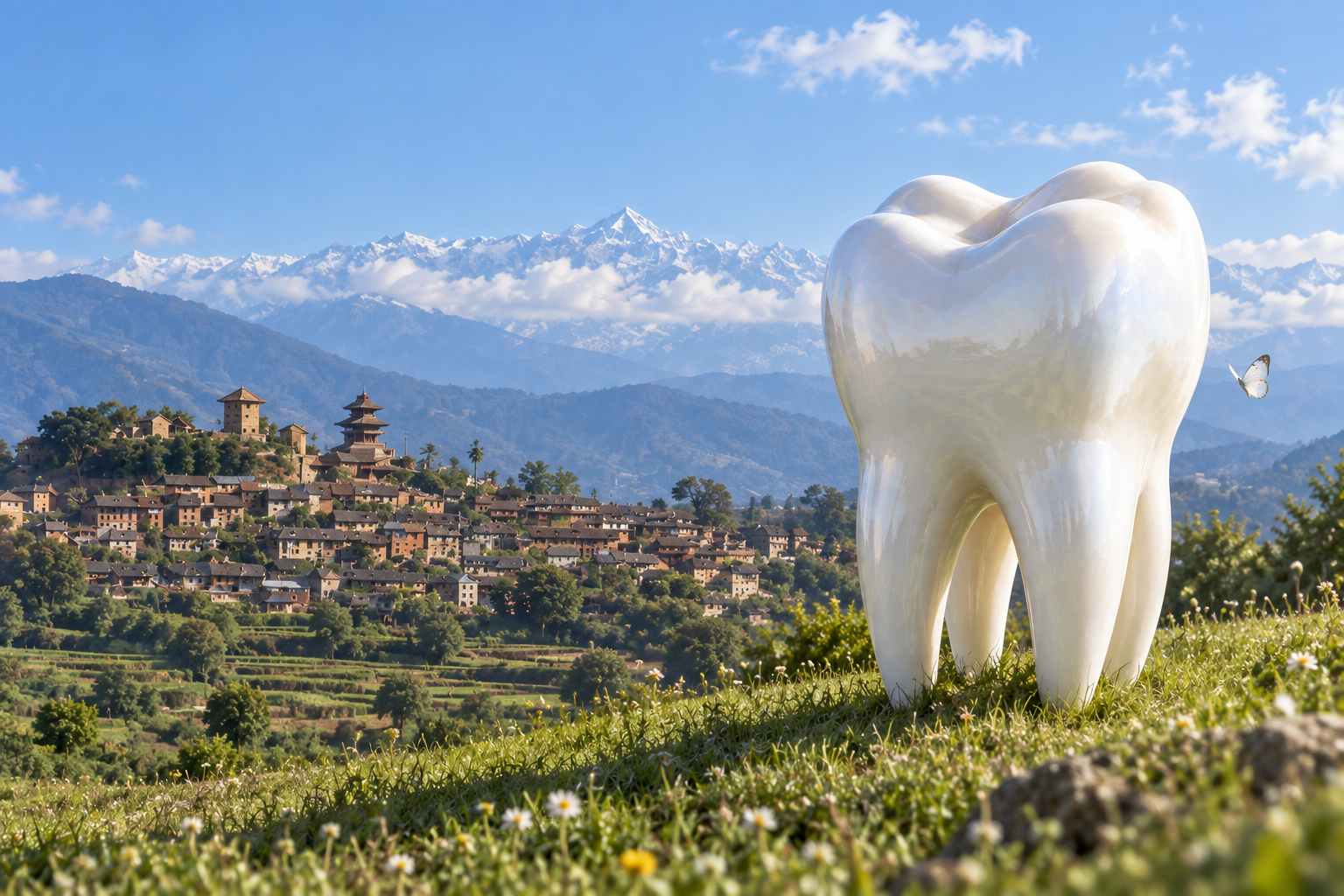 Illustrated dental tooth with Kirtipur-inspired town and Himalayan scenery
